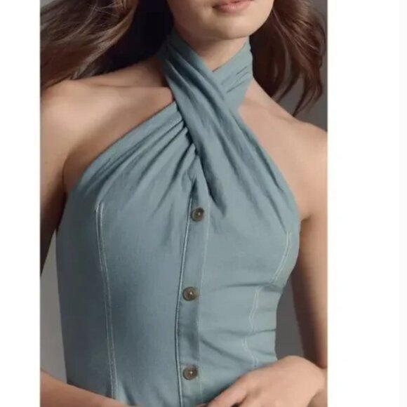 Maeve Twist-Halter Linen Blend Mini Dress Light Blue XS - Picture 4 of 16